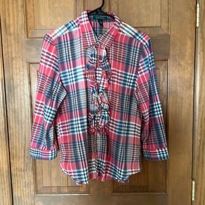 Women’s Ralph lauren plaid ruffled button up shirt.
Size L Great condition